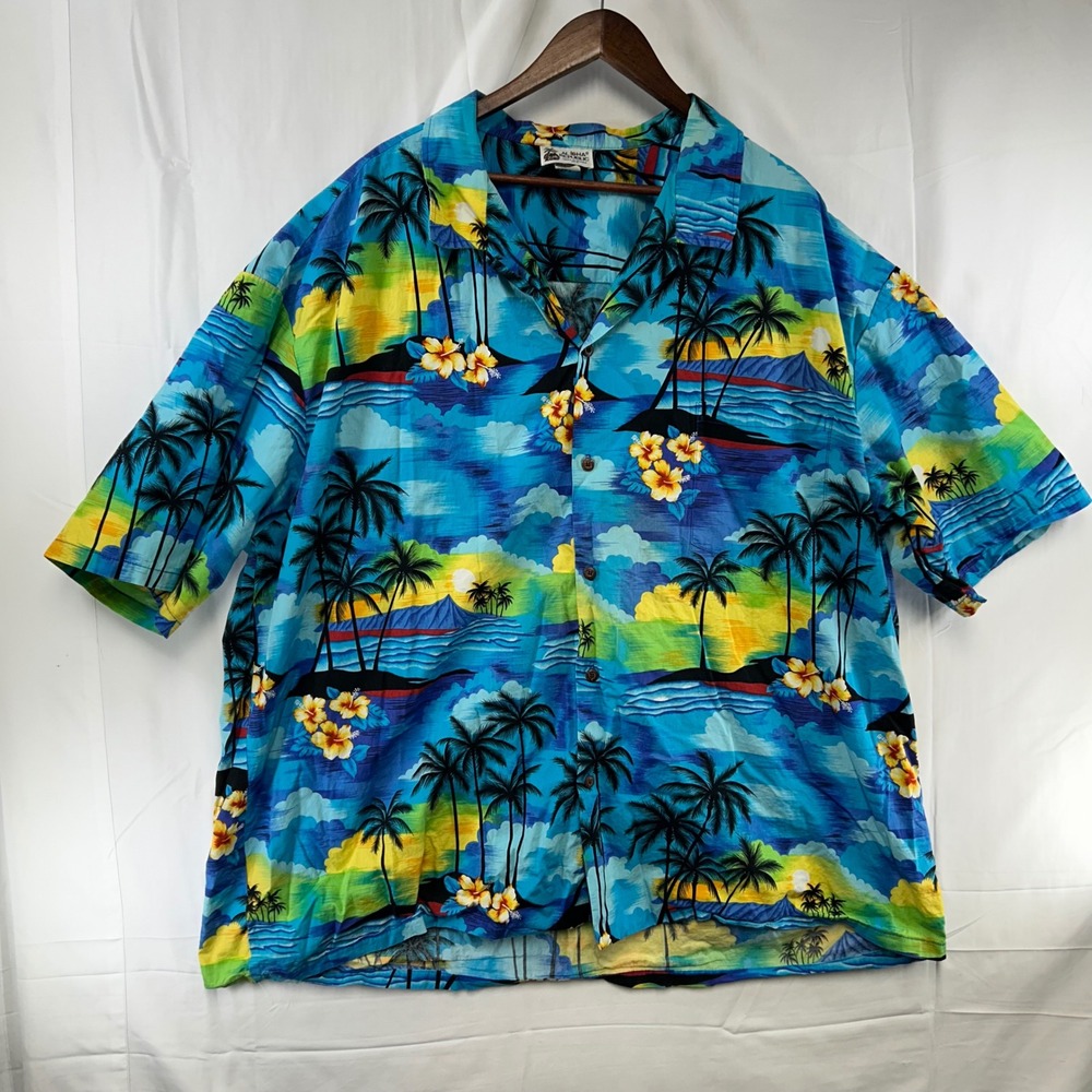 Aloha Republic Hawaiian Shirt Mens 5XL Blue Tropical Palm Tree Hibiscus Print
